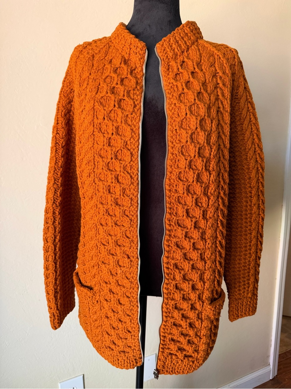 Vintage cable knit cardigan heavy wool handmade burnt orange